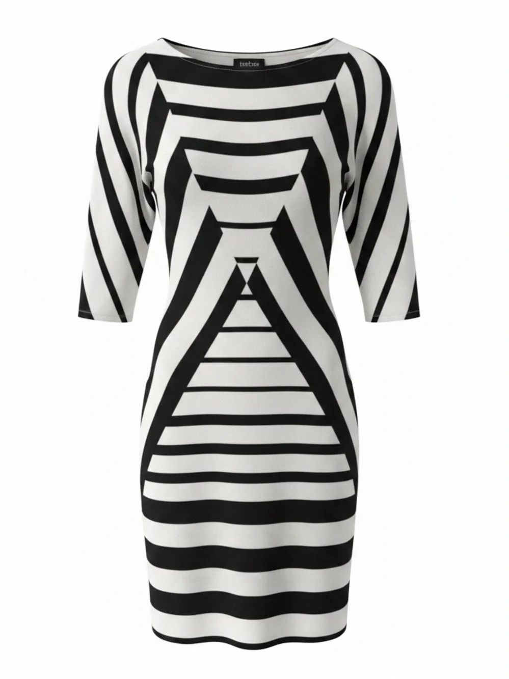 NEW Bebe Black and Egret Diamond Print Boatneck 3/4 Sleeve Dress Size Small